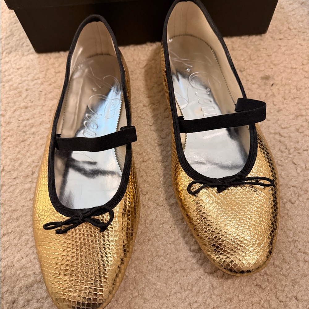 J. Crew Gold Textured Flats with Black Trim